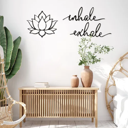 Vista 4 de Ferraycle Inhale Exhale, arte de pared para yoga, meditación, decoración de flor de loto, letrero de yoga, decoración de meditación de metal negro