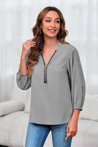 Vista 3 de Cnkwei Blusa con cuello en V para mujer, diseño de cremallera, holgada, informal, para mujer