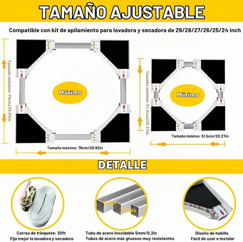 Vista 3 de Kit de apilamiento universal para lavadora y secadora, kit de apilamiento universal reforzado para lavadora y secadora de carga frontal de 24 a 29