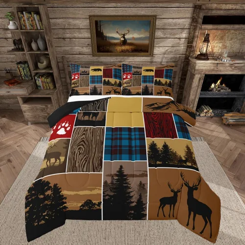 Vista 36 de Juego de edredón de cabaña rústica navideña, juego de ropa de cama estilo rústico con diseño de osos y ciervos, tamaño completo, patchwork Multi 08