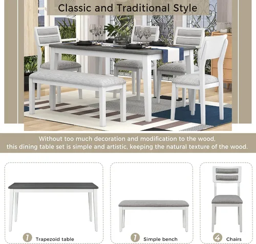 Vista 17 de Juego de mesa de comedor vintage de 6 piezas, juego de mesa de comedor de cocina de madera maciza con 4 sillas ergonómicas acolchadas y banco, mesa