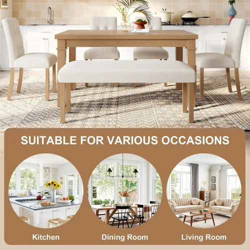 Vista 5 de P PURLOVE Juego de mesa de comedor de 6 piezas, mesa de cocina rectangular de madera con 4 sillas tapizadas, 1 banco para comedor y sala de estar
