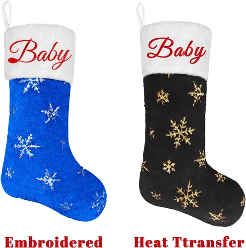 Vista 6 de 1 paquete de medias de Navidad personalizadas con nombres, 22 pulgadas, bordado personalizado, de piel sintética, negro y azul, con copos de nieve