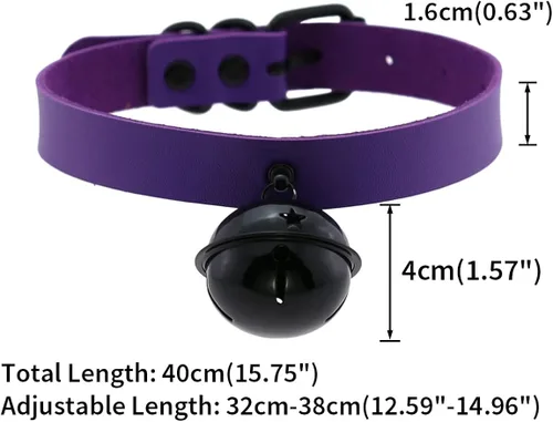 Vista 2 de FM FM42 Gargantilla de piel sintética multicolor en tono negro y plateado de 1.6in con colgante de campana grande, Cuero sintético, No es una piedra