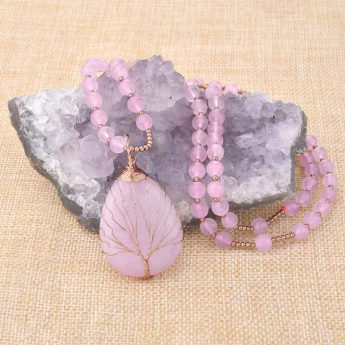 Vista 2 de PESOENTH Collar con colgante de árbol de la vida de cristal de amatista para mujer, cuentas moradas de mala, yoga, meditación, oración, piedras