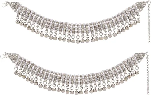 Vista 6 de Efulgenz Silver Anklets with Crystal & Faux Pearl - Indian Women's Bell Anklets & Ghungroo Ankle Bracelets