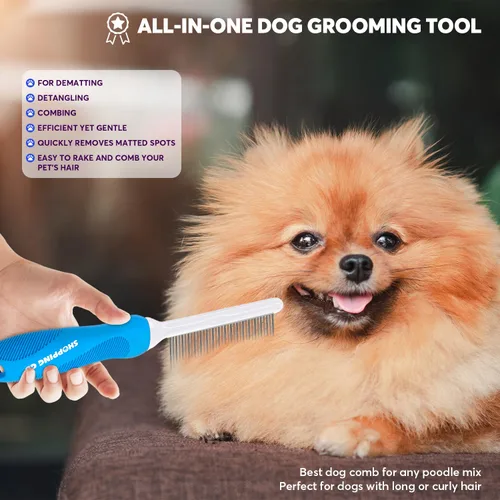 Vista 5 de Peine desenredante de aseo para mascotas para perros y gatos con dientes metálicos largos y cortos de acero inoxidable para eliminar enredos