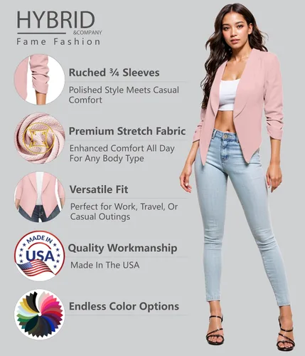 Vista 3 de Hybrid & Company Lightweight Open Front Cardigan Classic Ruched Sleeve Work Office Blazer Suit Jackets