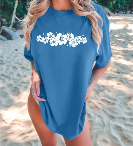 Vista 3 de Camisa de flores hawaianas para mujer, camiseta de gran tamaño con flores de hibisco, camiseta de playa, para vacaciones de verano, blusas sueltas