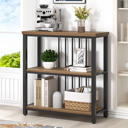 Vista 10 de FOLUBAN Estantería, Librero Moderno de 3 Niveles, Estantes de Libros de Madera y Metal para Sala de Estar, Oficina, Dormitorio, Roble Negro Rústico