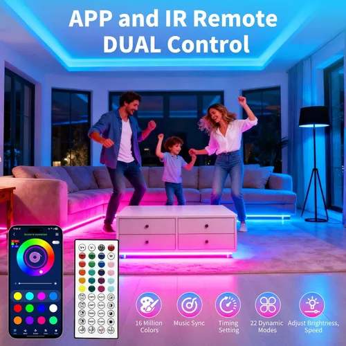 Vista 6 de Tira de luces LED, sincronización de música RGB, luces LED que cambian de color con control remoto y control remoto de aplicación inteligente, luces
