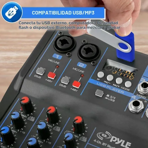 Vista 4 de Pyle Mezclador de Audio Profesional Placa de Sonido Consola del Sistema - 4 Canales - Bluetooth - Entrada USB MP3 para Computadora - 48V Phantom