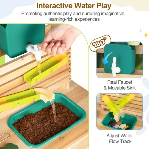 Vista 5 de Cocina de barro para niños al aire libre, juego de cocina de madera para niños pequeños con fregadero, utensilios de cocina, estufa, pizarra, grifo