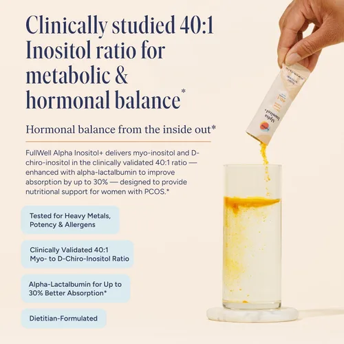 Vista 2 de FullWell Alpha Inositol+ Stick Packs - Ayuda hormonal, ovárica y metabólica - 40:1 mio-inositol a D-quiro-inositol - Crema de naranja - 60