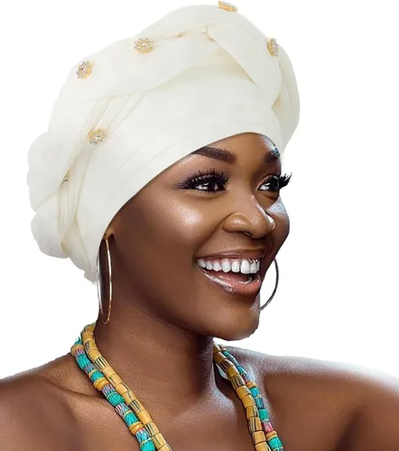 Vista 6 de Woeoe Turbante africano para mujer, gorro trenzado previamente atado, con diamantes de imitación, turbantes suaves y elásticos para la cabeza