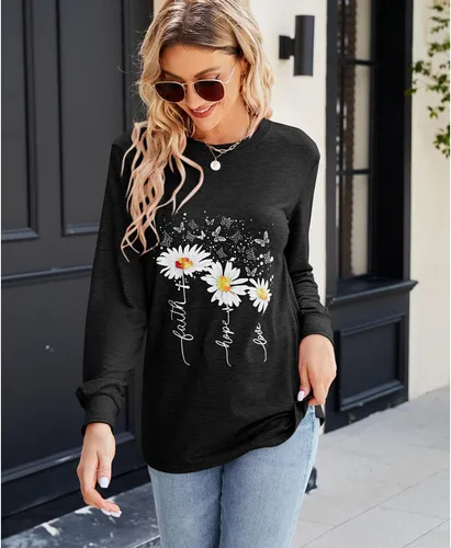 Vista 3 de Camiseta casual de manga larga para mujer, divertida, con estampado de girasol, abertura lateral, ajuste holgado