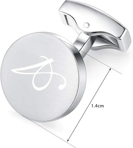 Vista 5 de Gemelos redondos con letra del alfabeto inicial para hombre, regalo de boda, negocios, acero inoxidable, plateado cepillado A-Z
