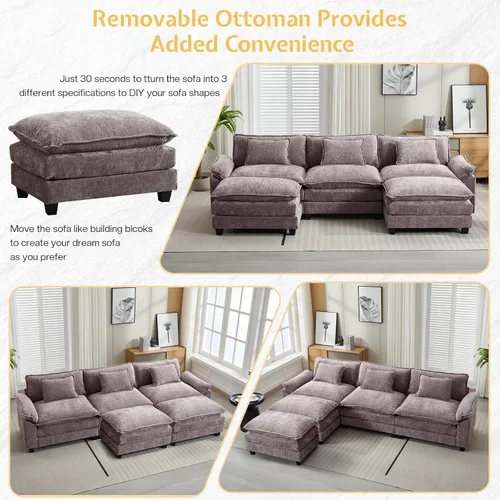 Vista 3 de Sofá Seccional, Sofá Modular Cloud con Otomana, Sofás Cama de Asiento Profundo con Almohadas Decorativas, Cómodo Sofá de Dos Plazas de Chenilla