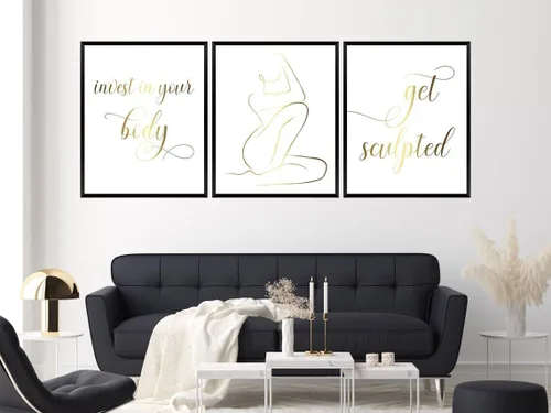 Vista 3 de NATVVA 3 piezas de impresiones artísticas de pared con texto en inglés "Invest In Your Body Get Sculpted", pósteres dorados para esculpir el cuerpo
