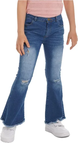 Vista 3 de YiZYiF Pantalones vaqueros acampanados rasgados para niños y niñas, pantalones de mezclilla de cintura alta, pantalones casuales de verano