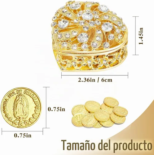 Vista 2 de Juego de monedas Arras de boda – Caja dorada en forma de corazón con 13 monedas de Virgen de Guadalupe, Arras de Boda Cristiana, accesorios de boda