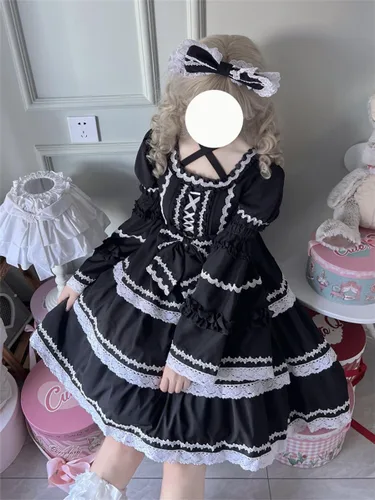 Vista 4 de Dulce Lolita Vestido de Adolescentes Kawaii Manga abullonada Encaje Escalonado Volantes Princesa Japonés Anime Cosplay Vestidos de Fiesta