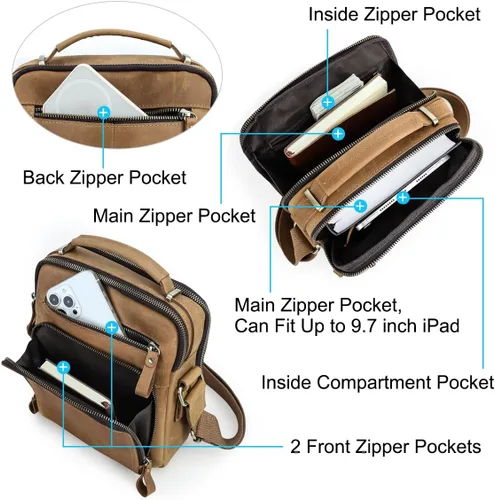 Vista 5 de CONTACTS Bolso de mensajero de cuero para hombre, bolso de mensajero, bolso cruzado de cuero genuino para el hombro 9.7 pulgadas, bolsa para iPad