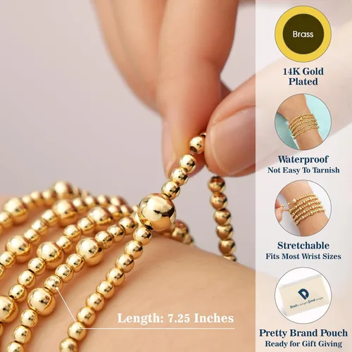 Vista 5 de doubgood Pulseras de oro para mujer, pulseras de cuentas de oro para mujer, pulsera de oro apilable, chapado en oro de 14 quilates, juego