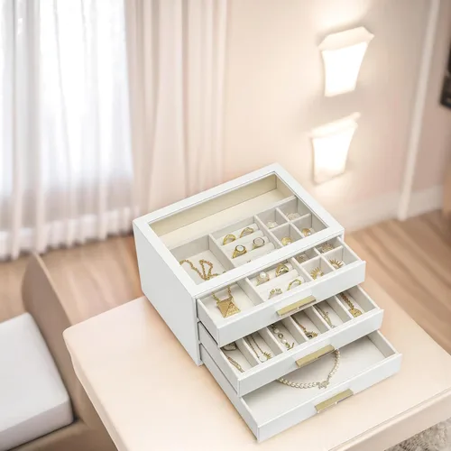 Vista 7 de Vlando - Joyero con 3 cajones y tapa de vidrio, organizador de cuero sintético para anillos, aretes, collares y más, estuche de joyería listo