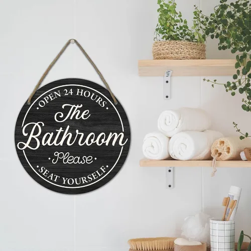 Vista 4 de Divertidos letreros decorativos para baño, con texto en inglés «Bathroom Open 24 Hours Please Seat Yourself», letrero colgante de madera rústica