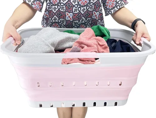Vista 7 de SAMMART Cesta plegable de plástico para la ropa sucia de 42 L (11 galones), contenedor de almacenamiento plegable y organizador, canasta portátil