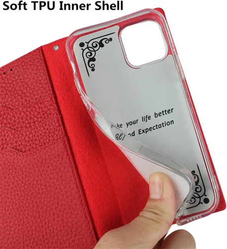 Vista 9 de iCoverCase Compatible con iPhone 13 Pro Max, funda magnética de piel auténtica con bloqueo RFID, correa para la muñeca y ranuras para tarjetas, Rojo