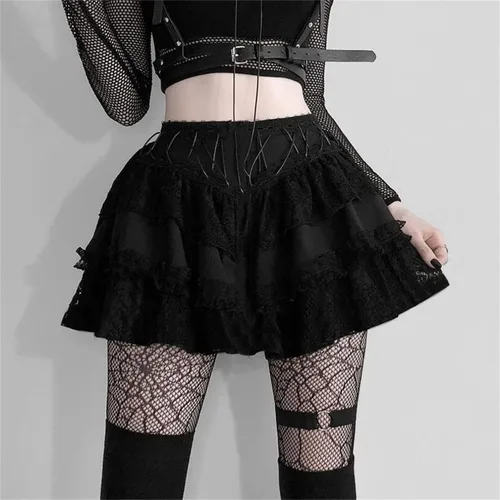Vista 33 de Ruolai Minifalda plisada negra gótica con falda de tenis de cintura alta con cadena