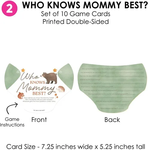 Vista 5 de Big Dot of Happiness Woodland Animals - Juego de baby shower, 4 actividades de fiesta diferentes (10 tarjetas cada una) – Prueba de mamá o papá