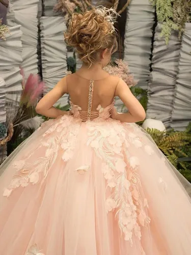 Vista 3 de Vestido de niña de las flores, con apliques de tul de mariposa 3D, vestidos de princesa para concursos de graduación, vestidos de fiesta para niñas