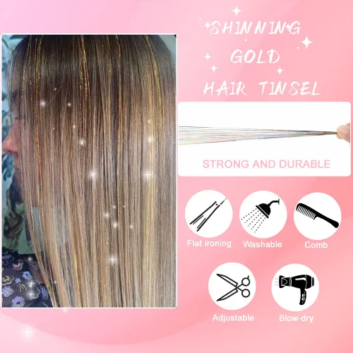 Vista 5 de Kit de oropel para el cabello con herramientas de 48 pulgadas, 1200 hebras de cabello de oropel dorado, resistentes al calor, extensiones de cabello