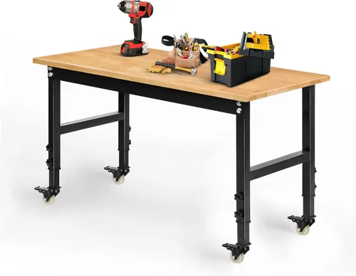 Vista 10 de Betterhood Banco de trabajo de altura ajustable, estación de trabajo resistente con parte superior de madera de goma de 48 pulgadas con tomas