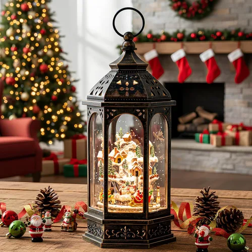 Vista 9 de Globo de nieve navideño con agua brillante, escena de cardenal con música y temporizador, linterna iluminada con USB/operada por batería