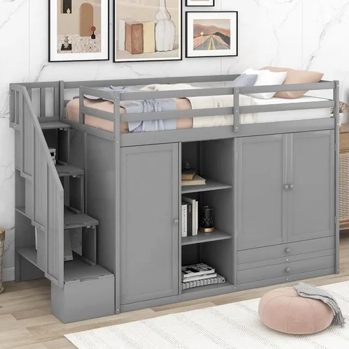 Vista 24 de Cama loft de madera tamaño matrimonial con escritorio en forma de U y espejo de tres pliegues, base de cama tipo loft multifunción con Espresso-10.16