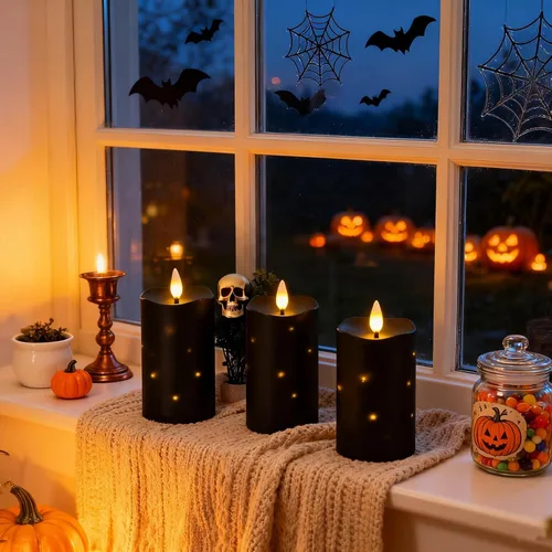 Vista 7 de Lezonic Velas Negras Sin Llama Impermeables para Exteriores con Control Remoto, 4 Piezas de Velas LED que Funcionan con Baterías con Llama