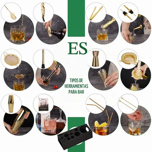 Vista 5 de Juego de coctelera dorada de 15 piezas con soporte de bambú Stainless Steel Bar Set Accessories, Professional Bartending Kit Home Bar Tools Set