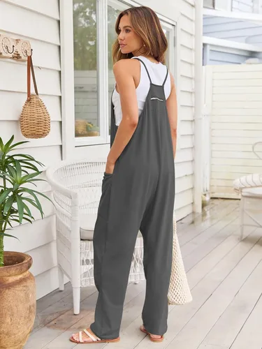Vista 2 de AUTOMET Enterizo informal para mujer, para el verano, rómper, sin mangas, holgado, con tirantes delgados, overol con bolsillos