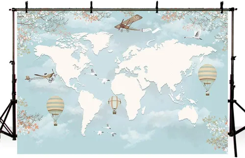 Vista 4 de Sendy Fondo de viaje de 7 x 5 pies, decoración de fiesta de baby shower, mapa del mundo alrededor del mundo, aventura espera avión, cumpleaños