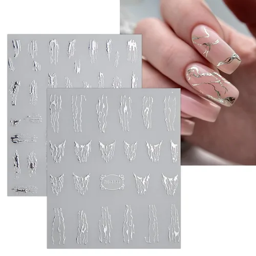 Vista 8 de JMEOWIO 9 hojas de calcomanías de arte de uñas con líneas de mármol, autoadhesivas, pegatinas para uñas plateadas, suministros para uñas, diseño