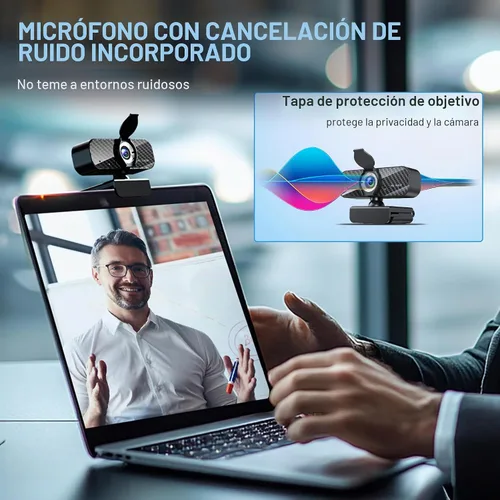 Vista 3 de Webcam Full HD 1080P con micrófono incorporado y trípode giratorio, placa de fibra de carbono y cubierta de privacidad, corrección de luz