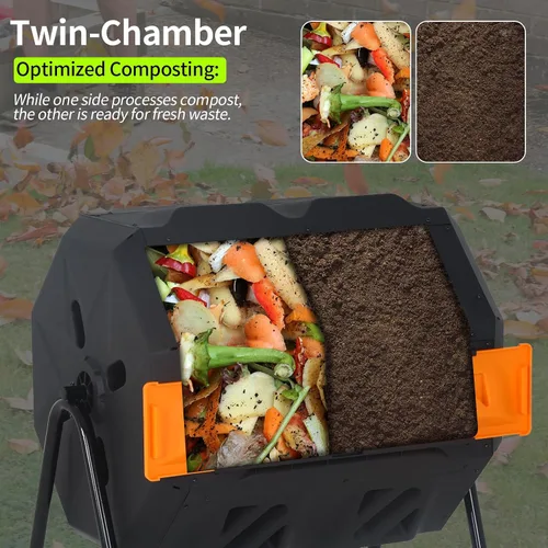 Vista 3 de Contenedor de compostaje para exteriores de 43 galones, compostador de doble cámara, contenedor de compostaje resistente para jardín, cocina, patio