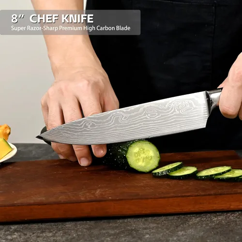 Vista 4 de Juego de cuchillos de chef de cocina profesional, Razor Sharp de acero alemán de alto carbono, 3 piezas, mango ergonómico de madera de Pakkawood