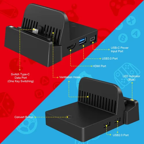 Vista 3 de Ponkor Nintendo Switch Dock, Mini Portable Switch Docking Station HDMI TV Adapter Switch Charger Dock Set Reemplazo ideal para Nintendo Switch Dock
