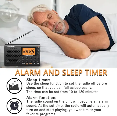 Vista 8 de Radio portátil AM/FM/onda corta, radios de bolsillo con pilas, pantalla digital grande, radio reloj con alarma y función de sueño, auriculares