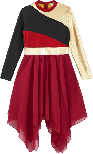 Vista 3 de JEATHA Vestido tipo túnica asimétrica de alabanza metálica brillante de manga larga para niños y niñas, disfraz de baile contemporáneo lírico